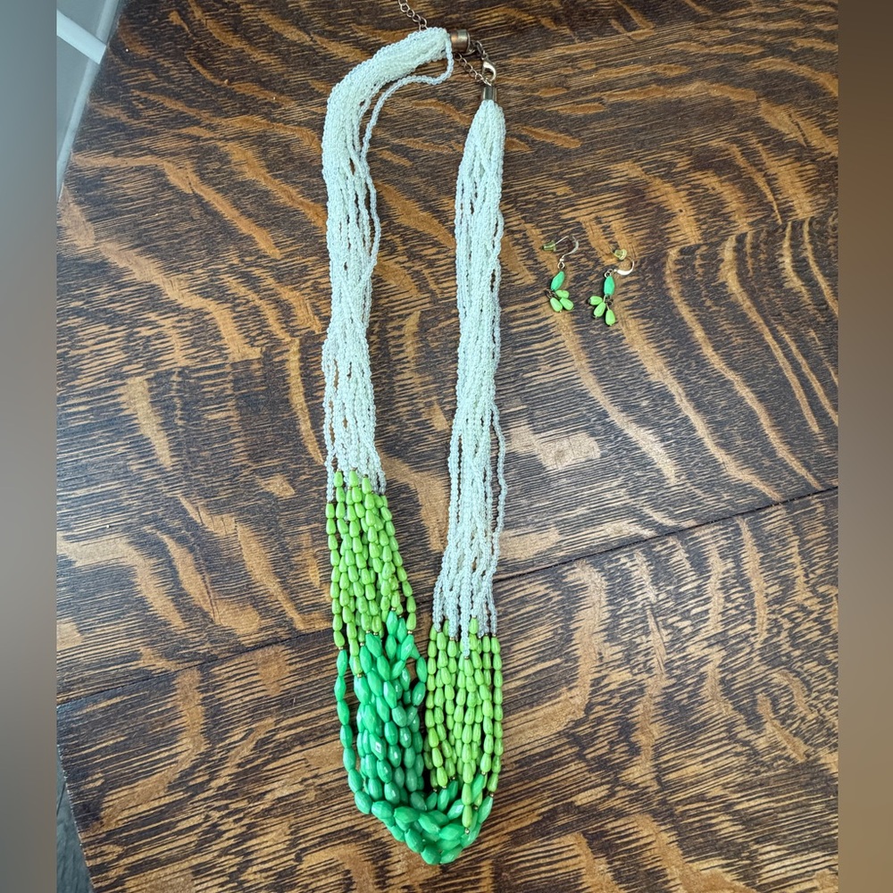 Beaded Multi-Strand Green and Ivory Necklace with Matching Earrings